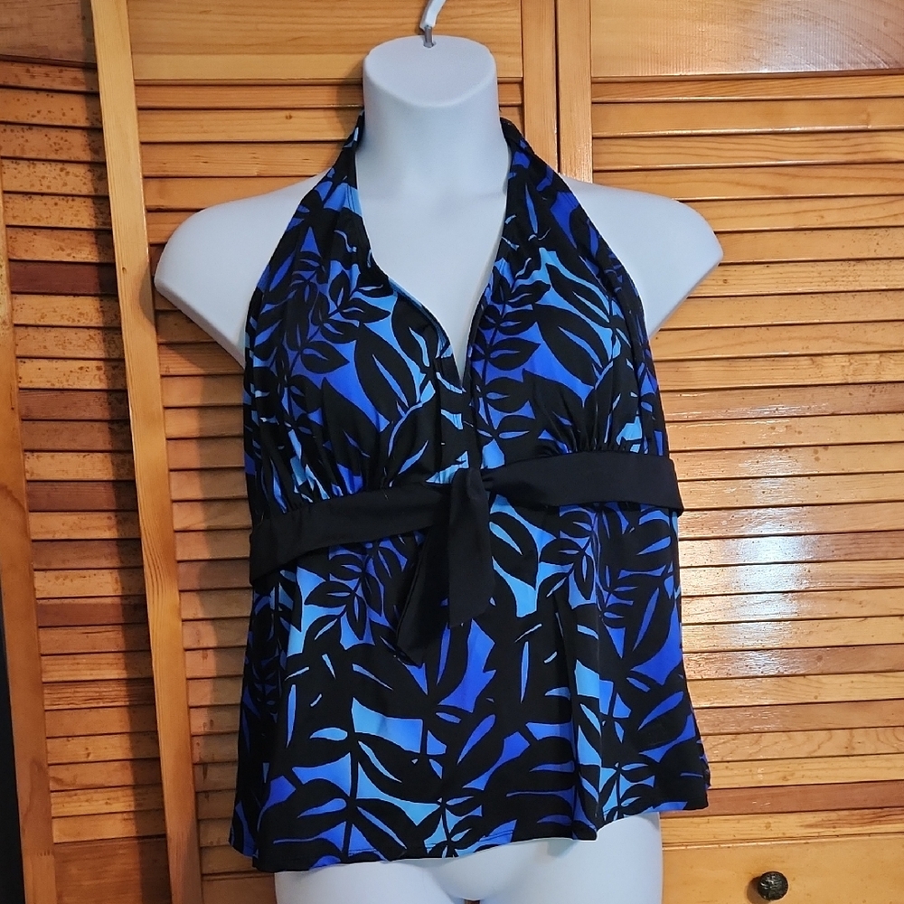 Swimsuits For All Black and Blue Leaf Swim Halter Tankini- TOP ONLY